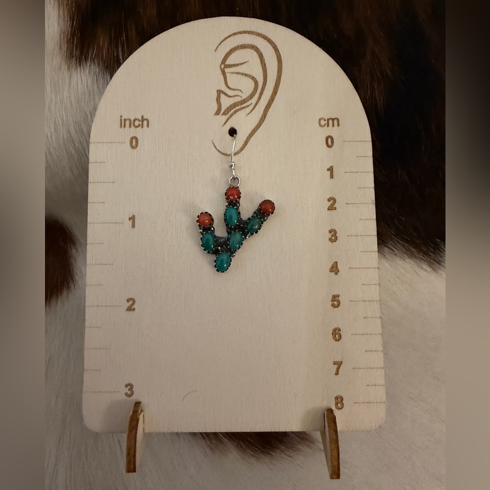 ❤️Kingman Turquoise Italian Coral Prickly Pear Cactus 925 Dangle Earrings 1.70”L - Picture 5 of 14